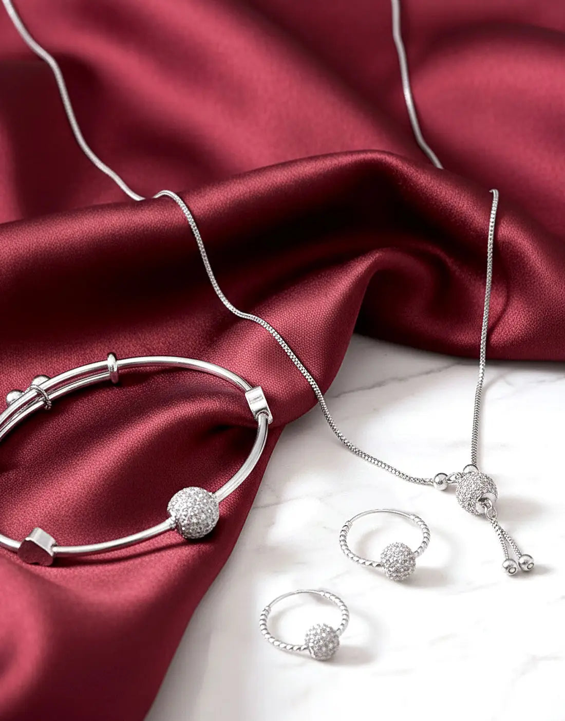 Minimalist Ball Shaped Zircon Pendant, Earrings & Bangle Set for Girls
