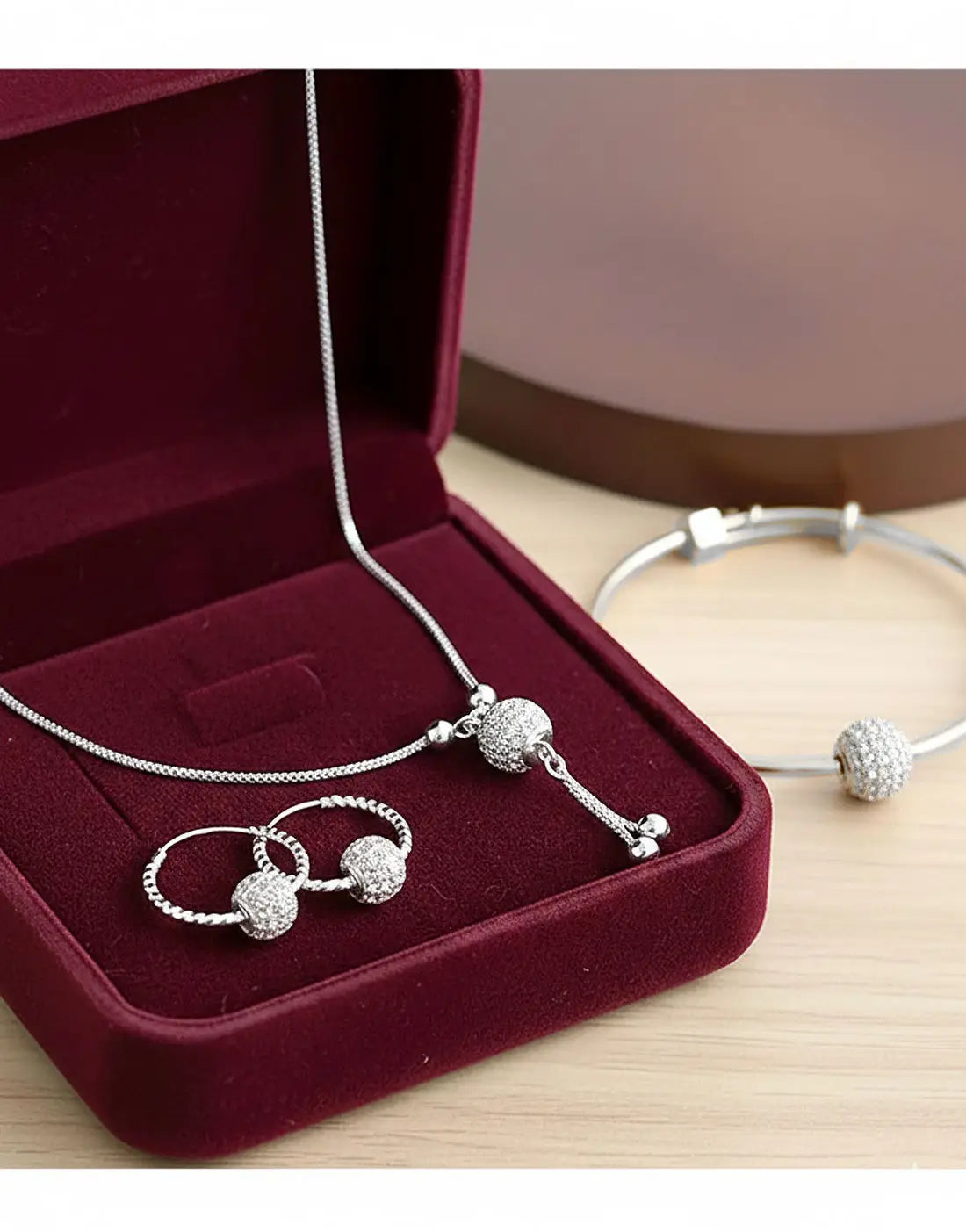 Minimalist Ball Shaped Zircon Pendant, Earrings & Bangle Set for Girls