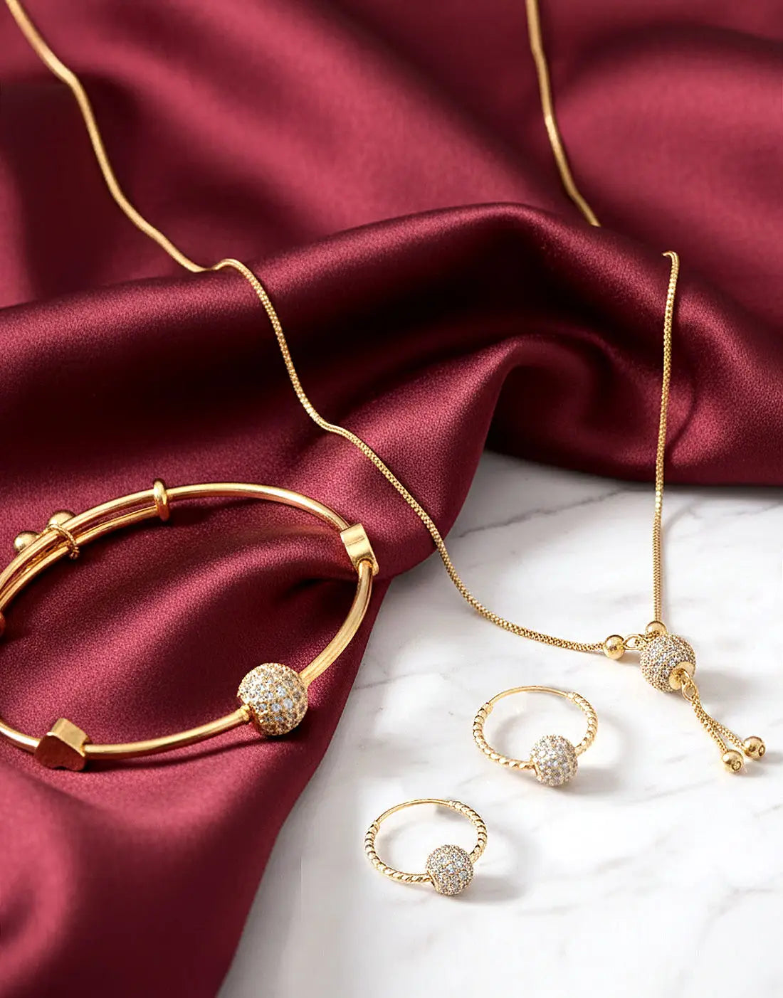Minimalist Ball Shaped Zircon Pendant, Earrings & Bangle Set for Girls