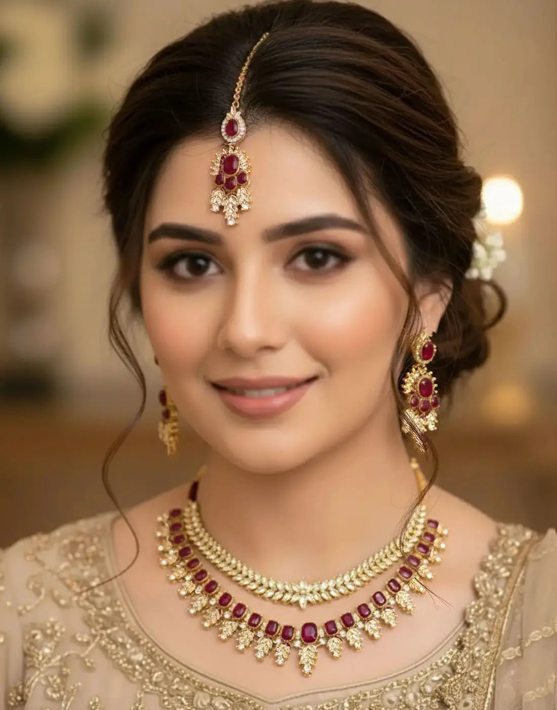 Luxury Zircon Bridal Jewellery Set with Double Necklace, Earrings & Tikka