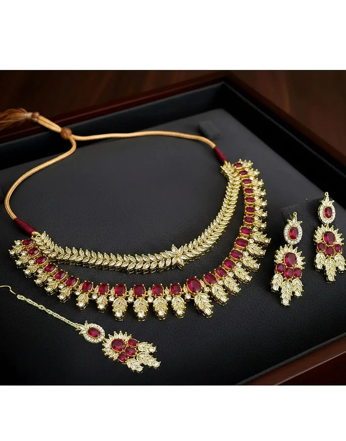 Luxury Zircon Bridal Jewellery Set with Double Necklace, Earrings & Tikka