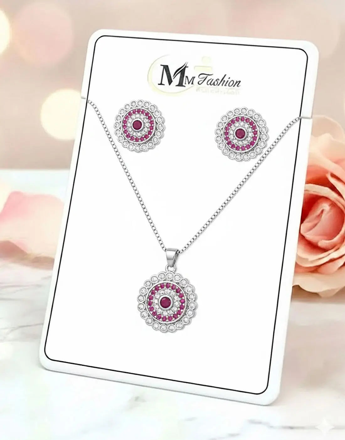 Elegant Round Shape Silver Necklace Set with Earrings
