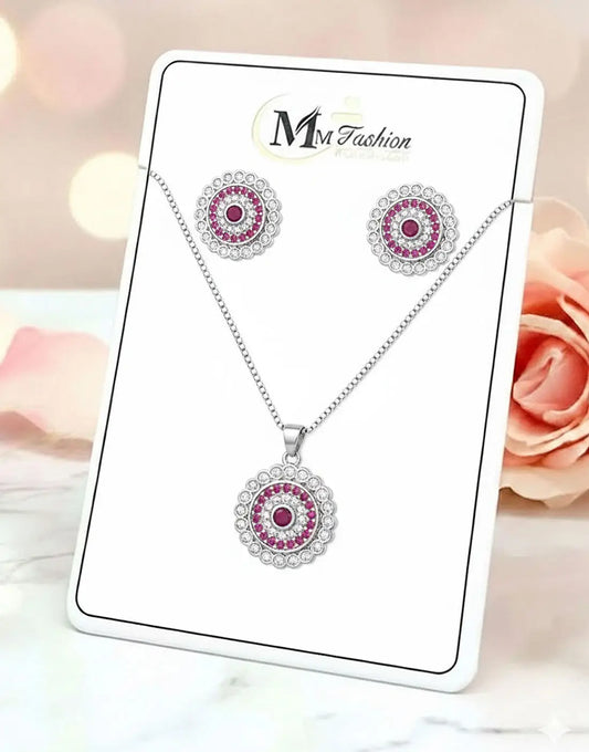 Elegant Round Shape Silver Necklace Set with Earrings