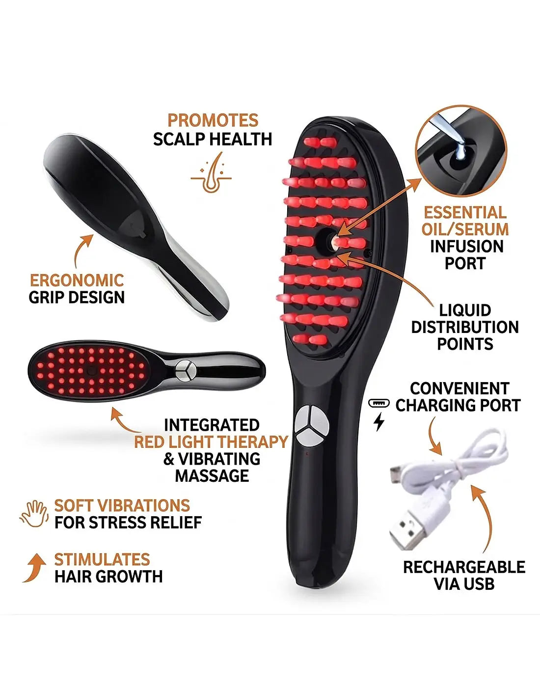 Rechargeable Hair Growth Brush with Steam & Vibration | Hair Therapy Brush