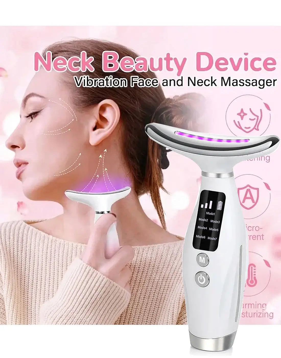 Rechargeable LED Neck Beauty Device - Vibrating Massager for Face & Neck