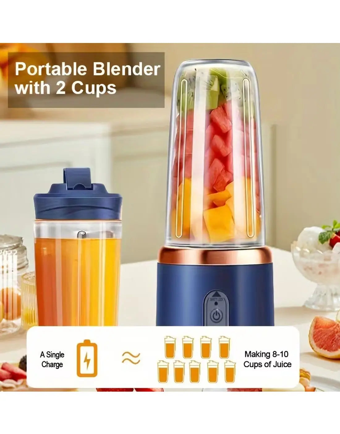 2-In-1 USB Rechargeable Portable Juicer Blender for Smoothies, Shakes, and Frozen Drinks