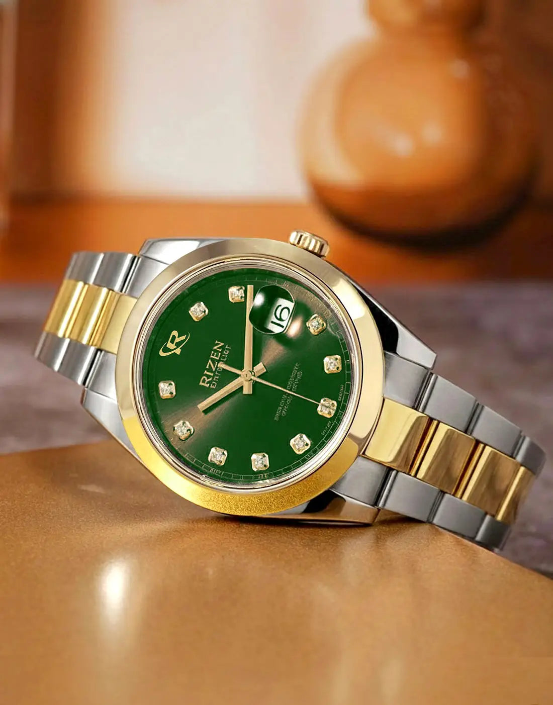 Rizen Oyster Perpetual Datejust Men’s Luxury Watch with Stainless Steel Chain